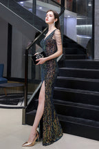 V-Neck Sequins Long Evening Dress With Split