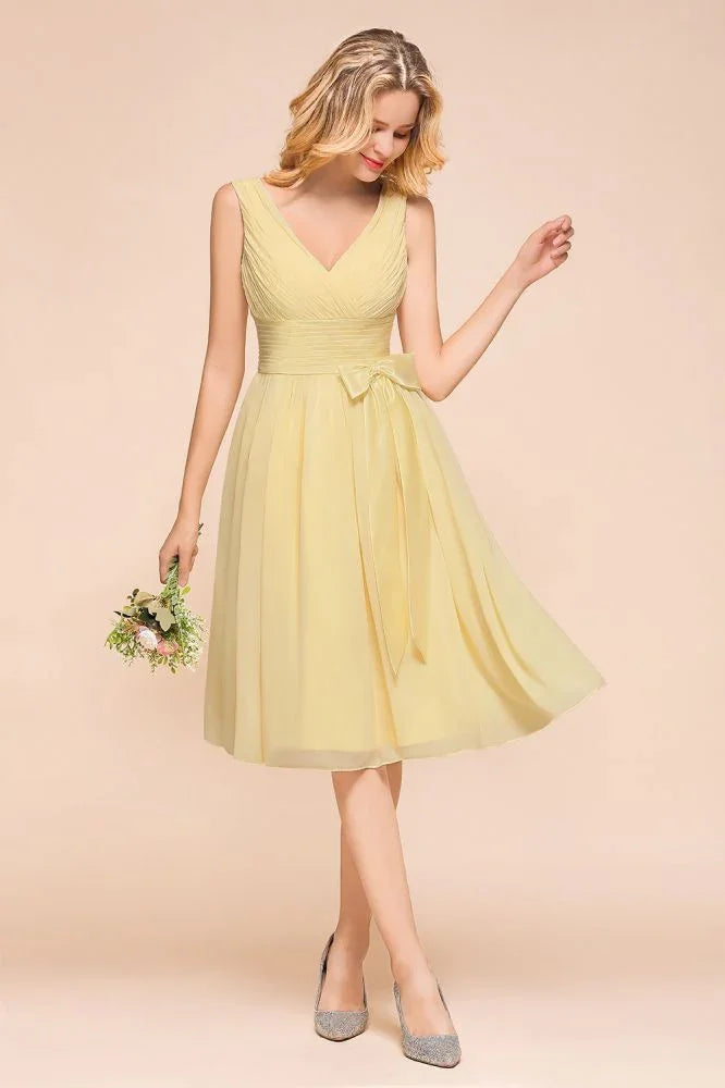 Vestido corto sin mangas en línea A con escote en V, vestido de dama de honor hasta el tobillo