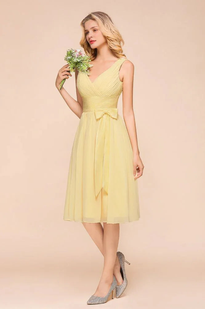 Vestido corto sin mangas en línea A con escote en V, vestido de dama de honor hasta el tobillo