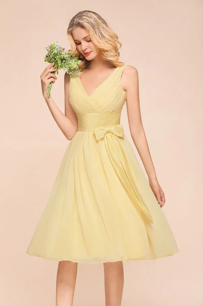 Vestido corto sin mangas en línea A con escote en V, vestido de dama de honor hasta el tobillo