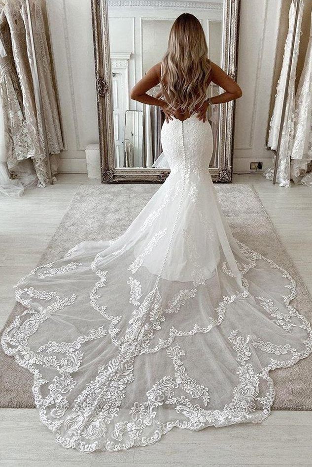V-neck Sleeveless Appliques Lace Mermaid Floor-length Wedding Dresses