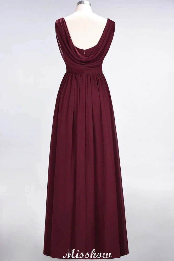 Vestido de Dama de Honra sem Mangas com Decote em V, Comprimento até ao Chão, Corte A, Folhos, em Chiffon para Festa