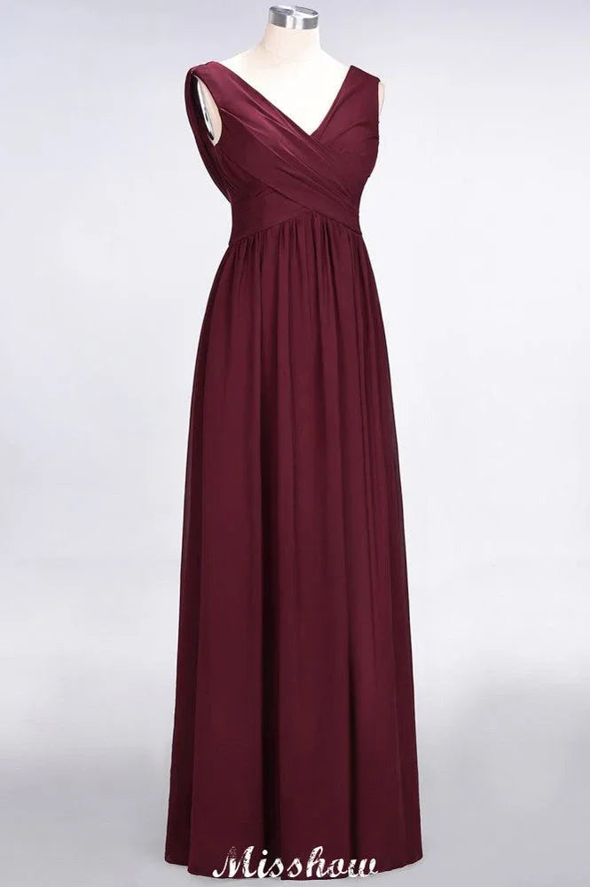 Vestido de Dama de Honra sem Mangas com Decote em V, Comprimento até ao Chão, Corte A, Folhos, em Chiffon para Festa