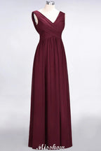 Vestido de Dama de Honra sem Mangas com Decote em V, Comprimento até ao Chão, Corte A, Folhos, em Chiffon para Festa