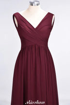 Vestido de Dama de Honra sem Mangas com Decote em V, Comprimento até ao Chão, Corte A, Folhos, em Chiffon para Festa
