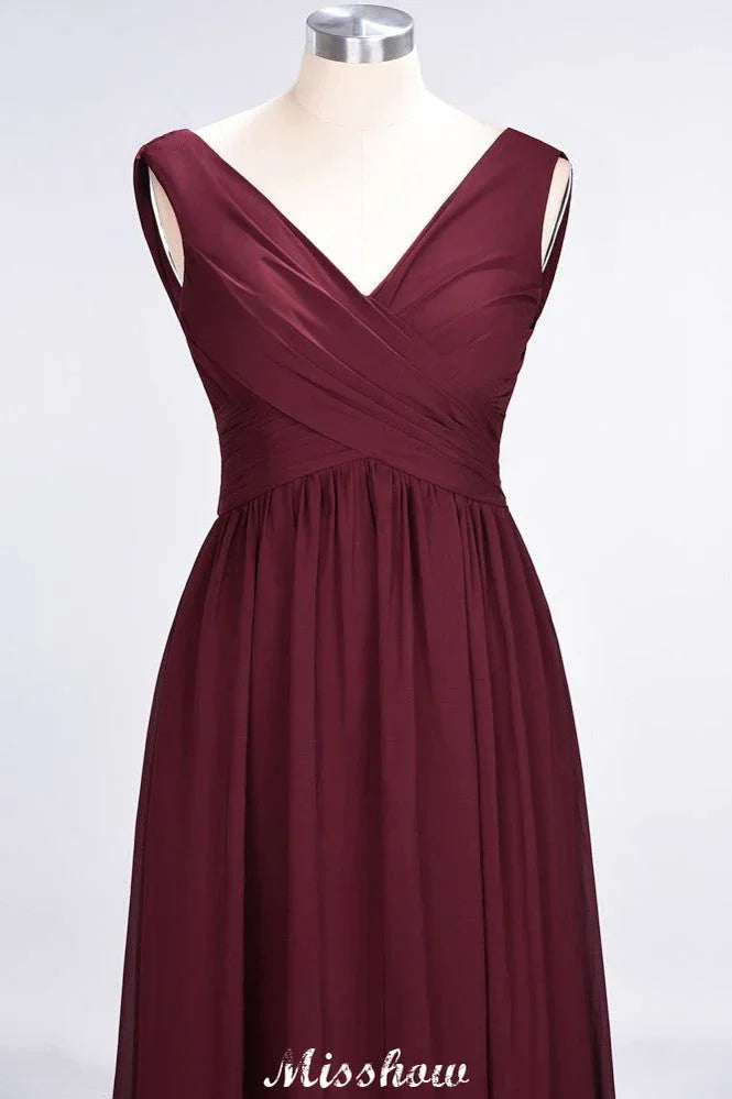 Vestido de Dama de Honra sem Mangas com Decote em V, Comprimento até ao Chão, Corte A, Folhos, em Chiffon para Festa