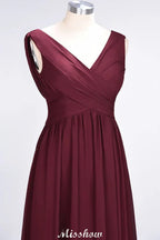 Vestido de Dama de Honra sem Mangas com Decote em V, Comprimento até ao Chão, Corte A, Folhos, em Chiffon para Festa