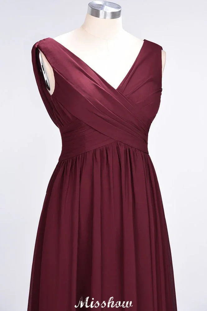 Vestido de Dama de Honra sem Mangas com Decote em V, Comprimento até ao Chão, Corte A, Folhos, em Chiffon para Festa