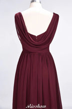 Vestido de Dama de Honra sem Mangas com Decote em V, Comprimento até ao Chão, Corte A, Folhos, em Chiffon para Festa
