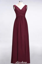 Vestido de Dama de Honra sem Mangas com Decote em V, Comprimento até ao Chão, Corte A, Folhos, em Chiffon para Festa