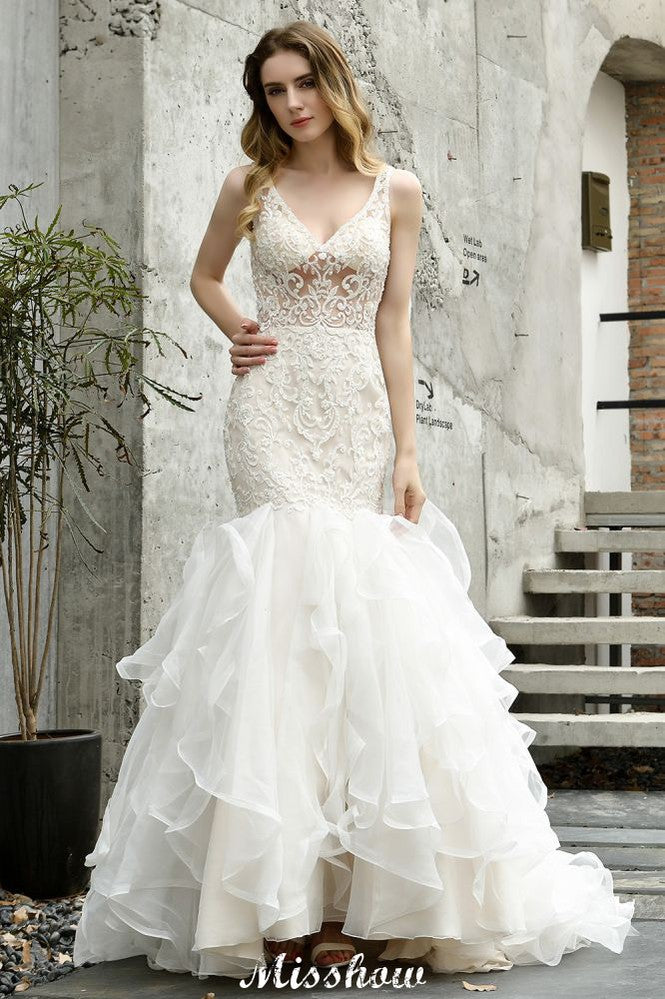V-Neck Sleeveless Floral Lace Mermaid Bridal Gown Garden Puffy Tulle Slim Wedding Dress