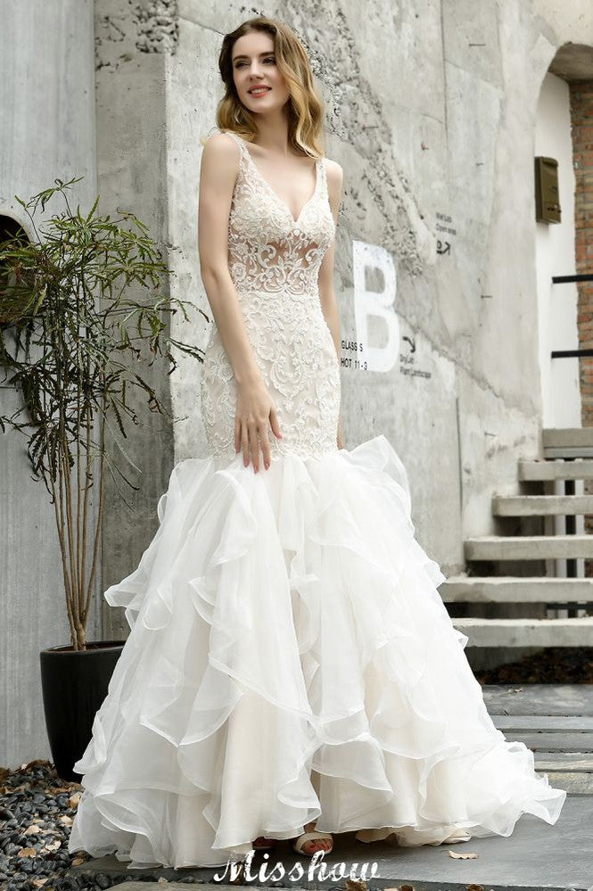 V-Neck Sleeveless Floral Lace Mermaid Bridal Gown Garden Puffy Tulle Slim Wedding Dress