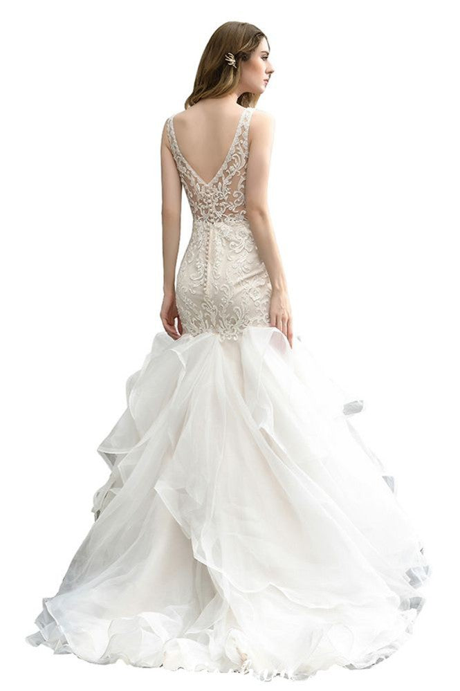 V-Neck Sleeveless Floral Lace Mermaid Bridal Gown Garden Puffy Tulle Slim Wedding Dress