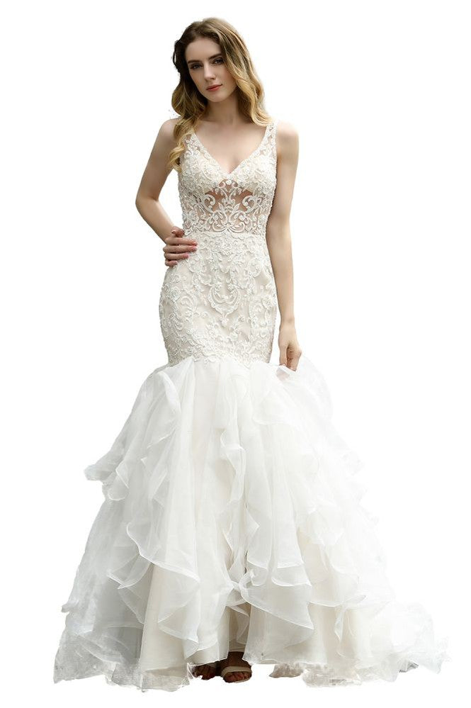 V-Neck Sleeveless Floral Lace Mermaid Bridal Gown Garden Puffy Tulle Slim Wedding Dress