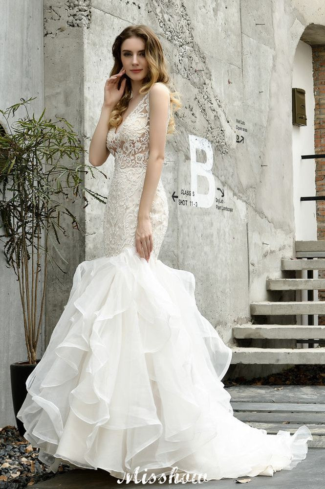 V-Neck Sleeveless Floral Lace Mermaid Bridal Gown Garden Puffy Tulle Slim Wedding Dress