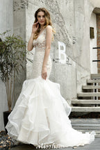 V-Neck Sleeveless Floral Lace Mermaid Bridal Gown Garden Puffy Tulle Slim Wedding Dress