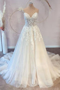 V Neck Sleeveless Lace Wedding Dress A Line Floor Length Chapel Train On Sale