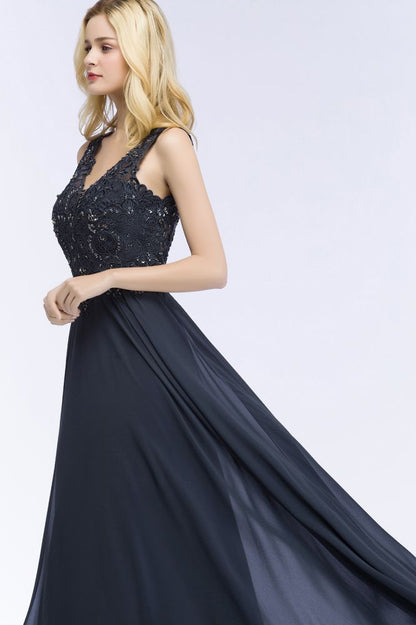 Vestidos de fiesta largos de gasa con apliques de cristales y escote en V sin mangas