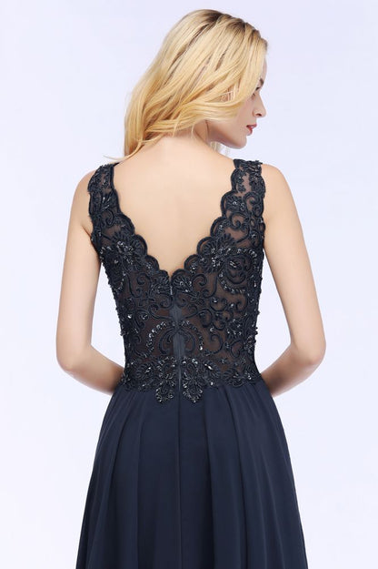 Vestidos de fiesta largos de gasa con apliques de cristales y escote en V sin mangas