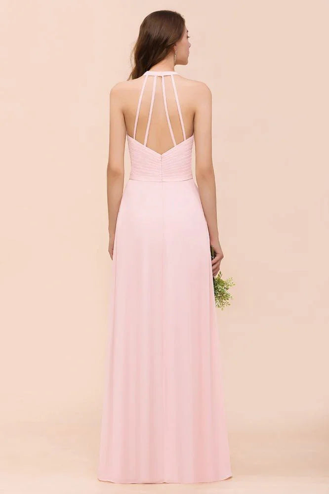 Robe longue de demoiselle d'honneur sans manches à col en V en mousseline rose pour mariage à la plage