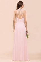 Robe longue de demoiselle d'honneur sans manches à col en V en mousseline rose pour mariage à la plage