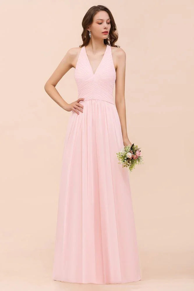 Robe longue de demoiselle d'honneur sans manches à col en V en mousseline rose pour mariage à la plage