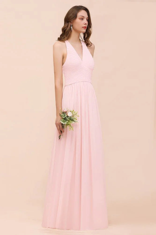 Robe longue de demoiselle d'honneur sans manches à col en V en mousseline rose pour mariage à la plage