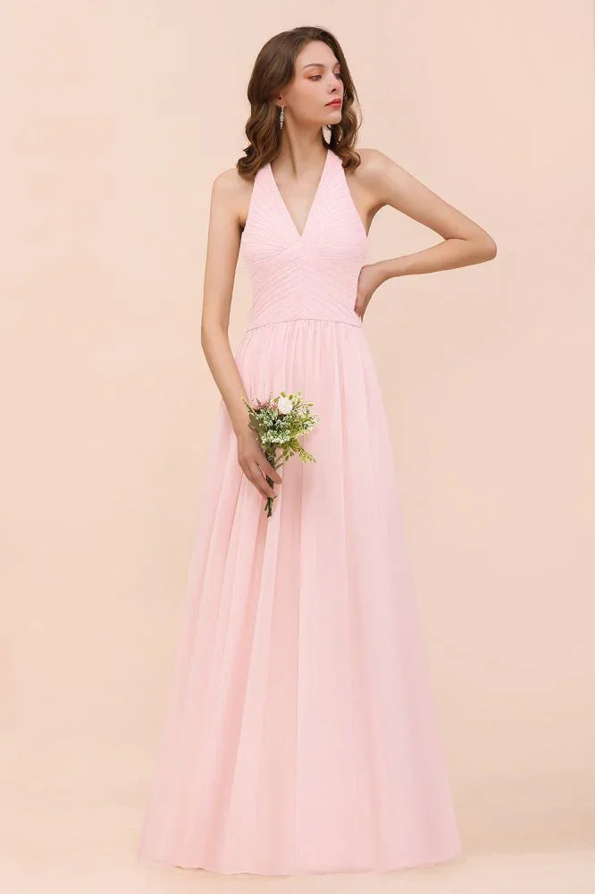 Robe longue de demoiselle d'honneur sans manches à col en V en mousseline rose pour mariage à la plage