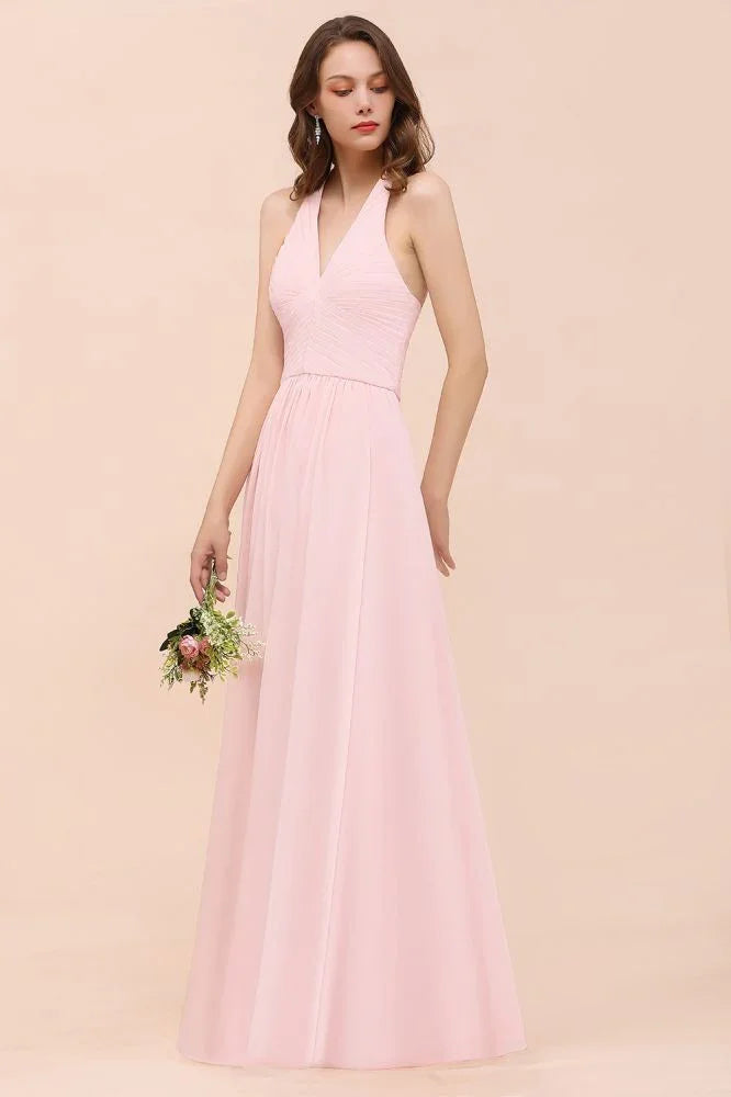 Robe longue de demoiselle d'honneur sans manches à col en V en mousseline rose pour mariage à la plage
