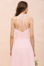 Robe longue de demoiselle d'honneur sans manches à col en V en mousseline rose pour mariage à la plage