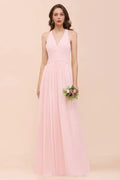 Robe longue de demoiselle d'honneur sans manches à col en V en mousseline rose pour mariage à la plage
