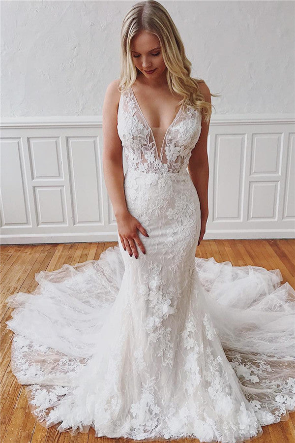 V Neck Sleeveless Mermaid Wedding Dress With Appliques And Detachable Skirt
