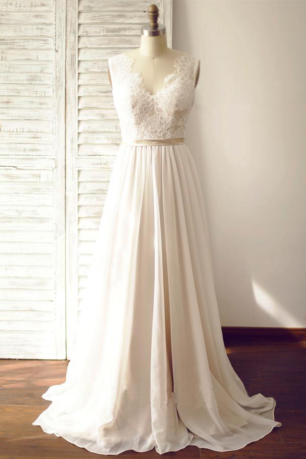 V-neck  Sleeveless Open Back Wedding Dress with Lace Sash