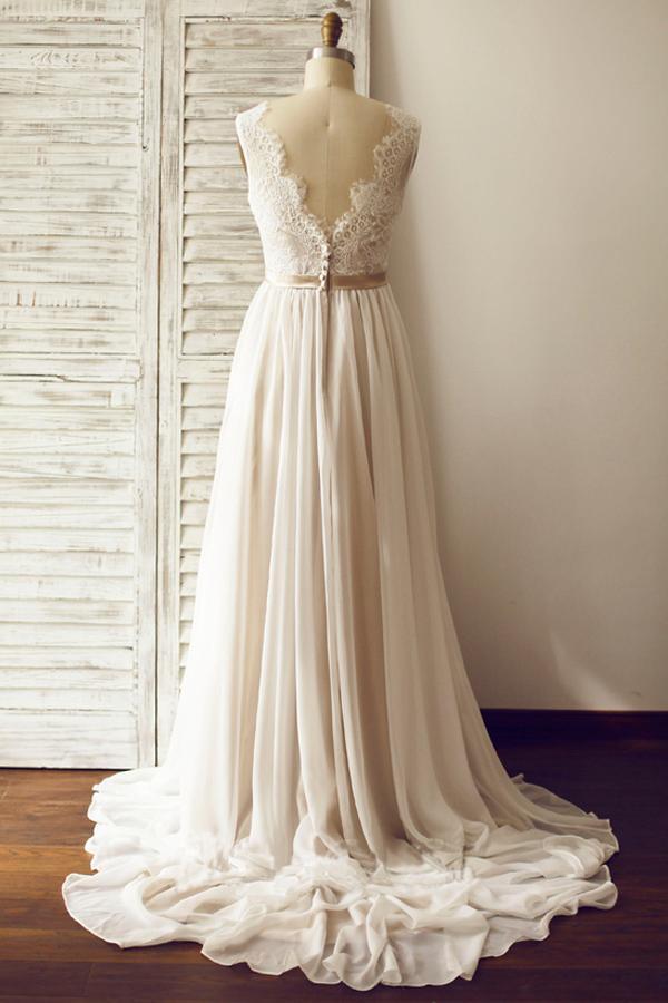 V-neck  Sleeveless Open Back Wedding Dress with Lace Sash