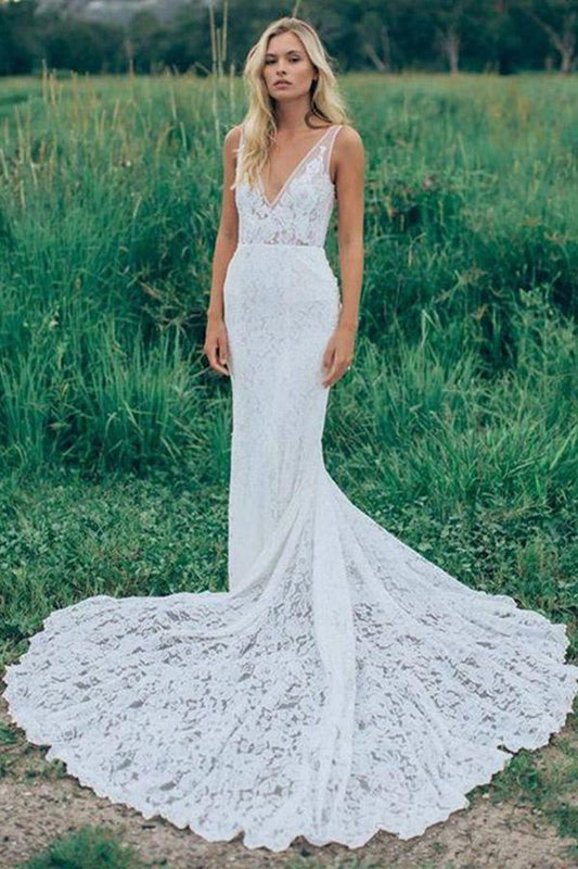 Ärmelloses, gerüschtes, rückenfreies Brautkleid aus Spitze mit V-Ausschnitt und Hofschleppe 
