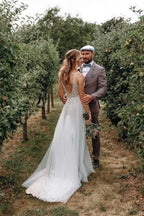 V Neck Sleeveless Wedding Dress Tulle Slit With Lace Appliques