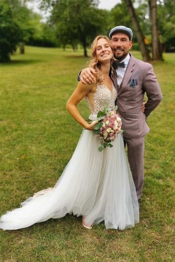 V Neck Sleeveless Wedding Dress Tulle Slit With Lace Appliques