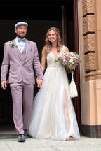 V Neck Sleeveless Wedding Dress Tulle Slit With Lace Appliques