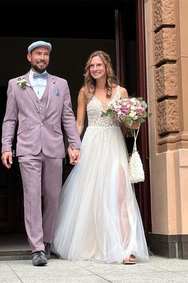 V Neck Sleeveless Wedding Dress Tulle Slit With Lace Appliques