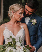 V Neck Lace Mermaid Wedding Dress With Spaghetti Straps Bridal Gown