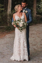 V Neck Lace Mermaid Wedding Dress With Spaghetti Straps Bridal Gown