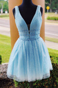 V-Neck Sparkling Beading Sky Blue Short Prom Dress Homecoming Dress