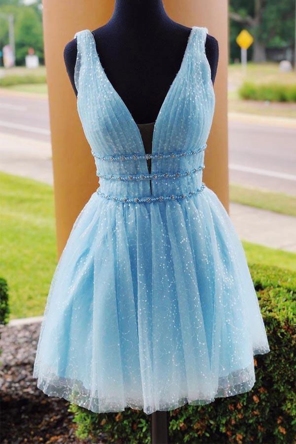 V-Neck Sparkling Beading Sky Blue Short Prom Dress Homecoming Dress