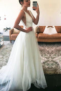 V-neck Straps Sweep-Train Sleeveless Ivory A-line Wedding Dress