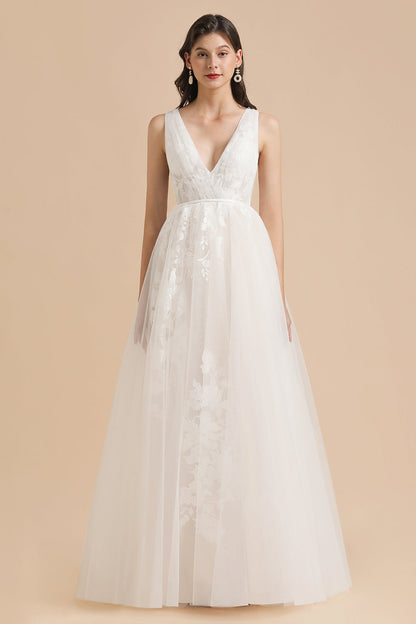 Vestido de novia sencillo con escote en V, apliques de encaje de tul, vestidos de novia de jardín, largo hasta el suelo 