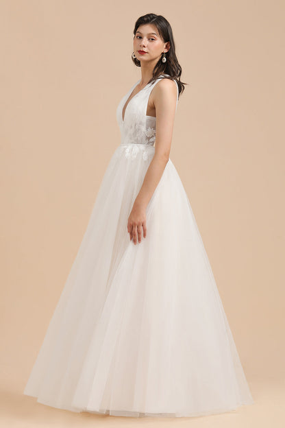 Vestido de novia sencillo con escote en V, apliques de encaje de tul, vestidos de novia de jardín, largo hasta el suelo 