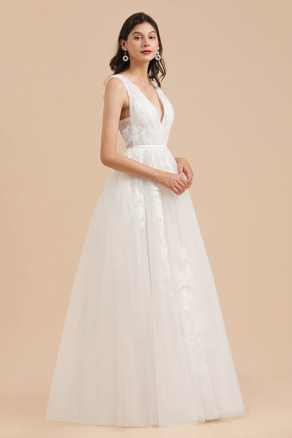 Vestido de novia sencillo con escote en V, apliques de encaje de tul, vestidos de novia de jardín, largo hasta el suelo 
