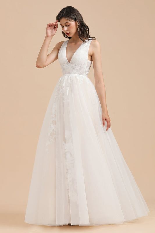 Vestido de novia sencillo con escote en V, apliques de encaje de tul, vestidos de novia de jardín, largo hasta el suelo 
