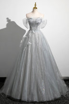 Abito da sera in tulle a linea A con spalle scoperte, grazioso corpetto, abito da festa lungo fino a terra
