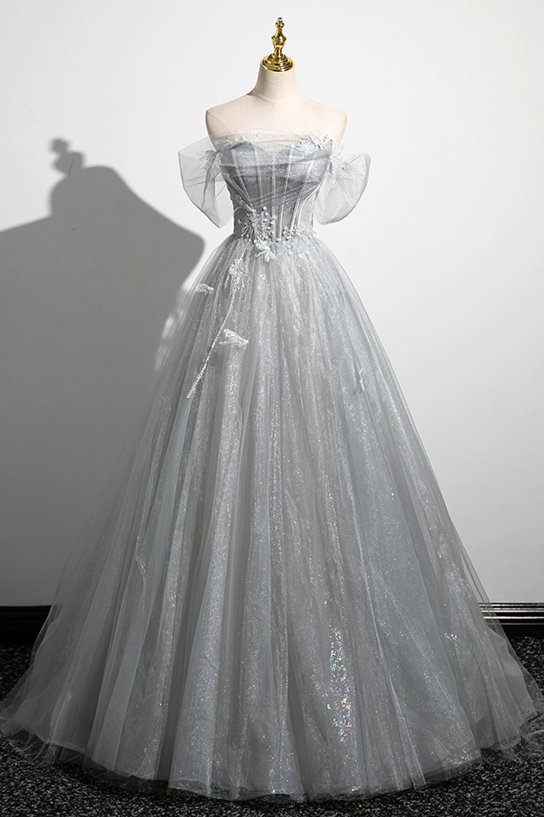Abito da sera in tulle a linea A con spalle scoperte, grazioso corpetto, abito da festa lungo fino a terra